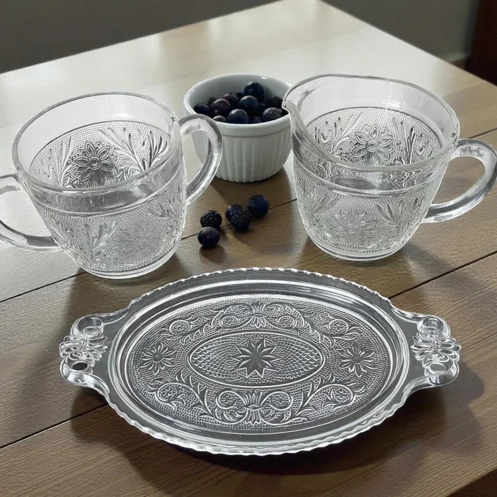RARE 50's Anchor Hocking Sugar & Creamer/40's Duncan Miller Glass Tray